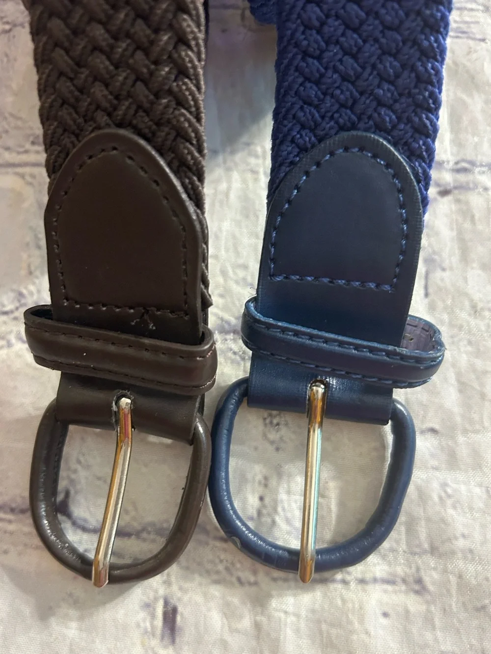 LOT OF (2) WOVEN STRETCH VINTAGE UNISEX BELTS BLUE AND CHOCOLATE BROWN SIZE XL
